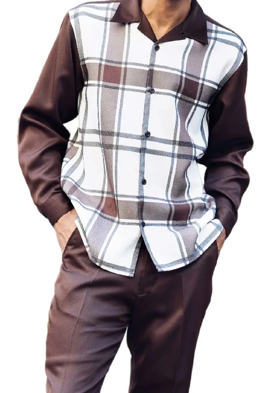 Men's Brown Plaid Pattern Long Sleeve Walking Suit