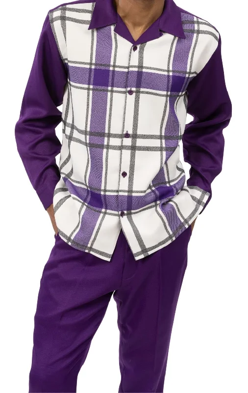 Men's Purple Plaid Pattern Long Sleeve Walking Suit