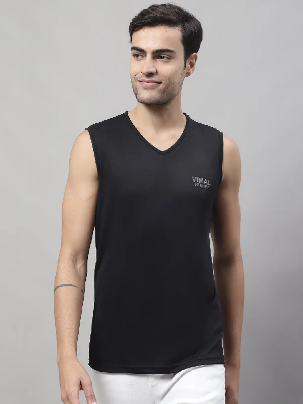 Vimal Jonney Regular Fit Dryfit Lycra Solid Black Gym Vest for Men