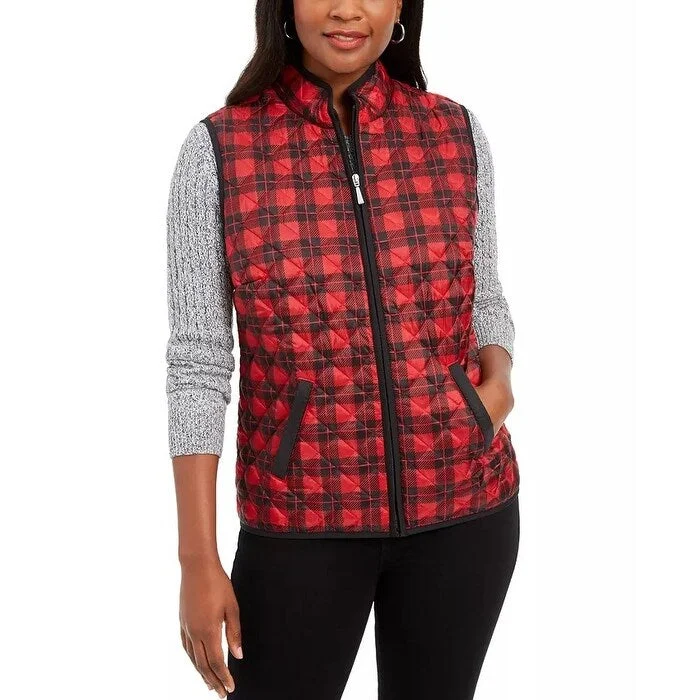 Karen Scott Women's Sport Plaid Puffer Vest Bright Red Size Medium