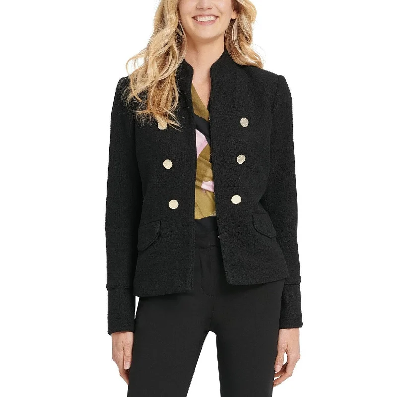 DKNY Women's Stand Collar Double Breasted Military Jacket Black Size 12