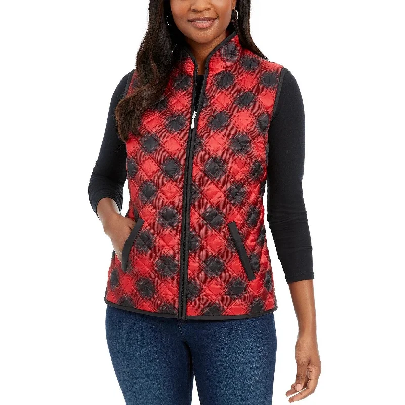 Karen Scott Women's Sport Plaid Puffer Vest Bright Red Size Medium