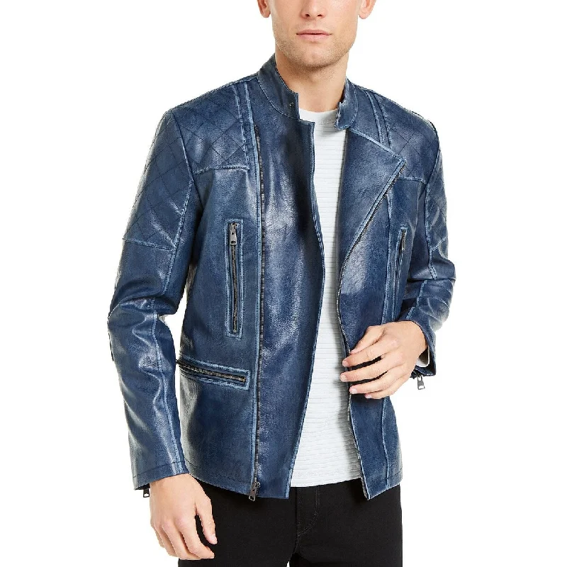 INC International Concepts Men's Braxton Faux Leather Moto Jacket Dark Blue Size Medium