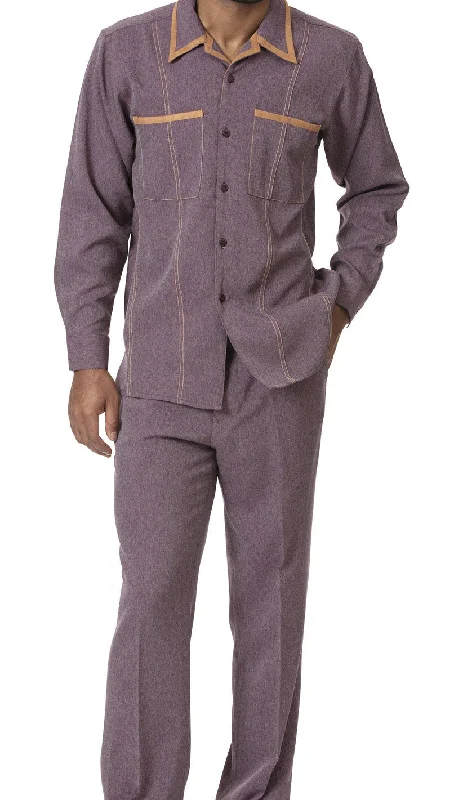 (2XL, 3XL) Wine Denim Feel 2 Piece Long Sleeve Walking Suit