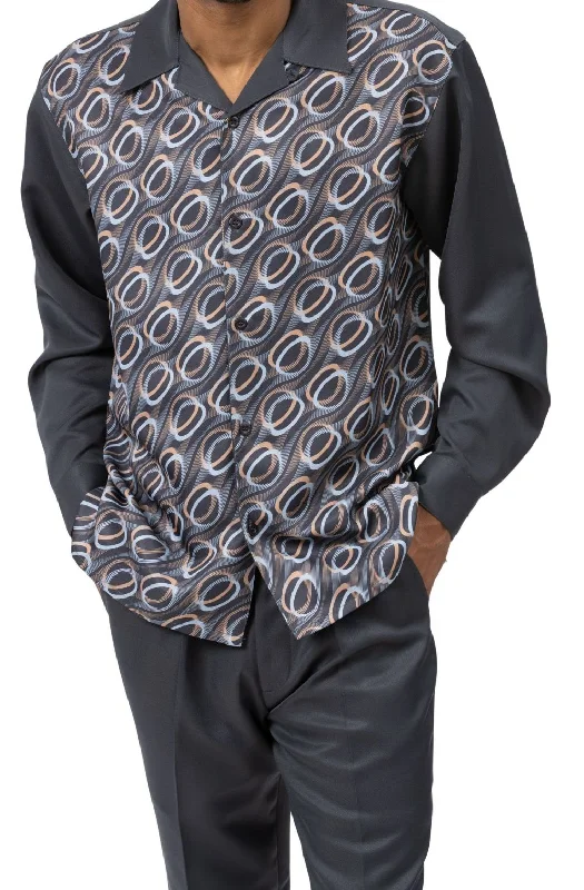 Charcoal Geometric Circle Pattern Long Sleeve Walking Suit