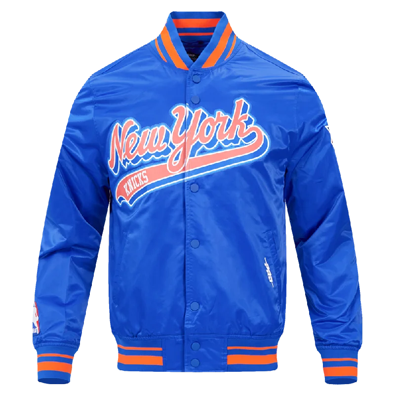 NBA NEW YORK KNICKS SCRIPT TAIL MEN'S SATIN JACKET (ROYAL/ORANGE/ROYAL)