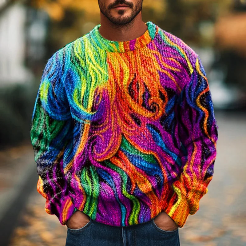 Men's Casual Rainbow Color Line Crew Neck Sweater