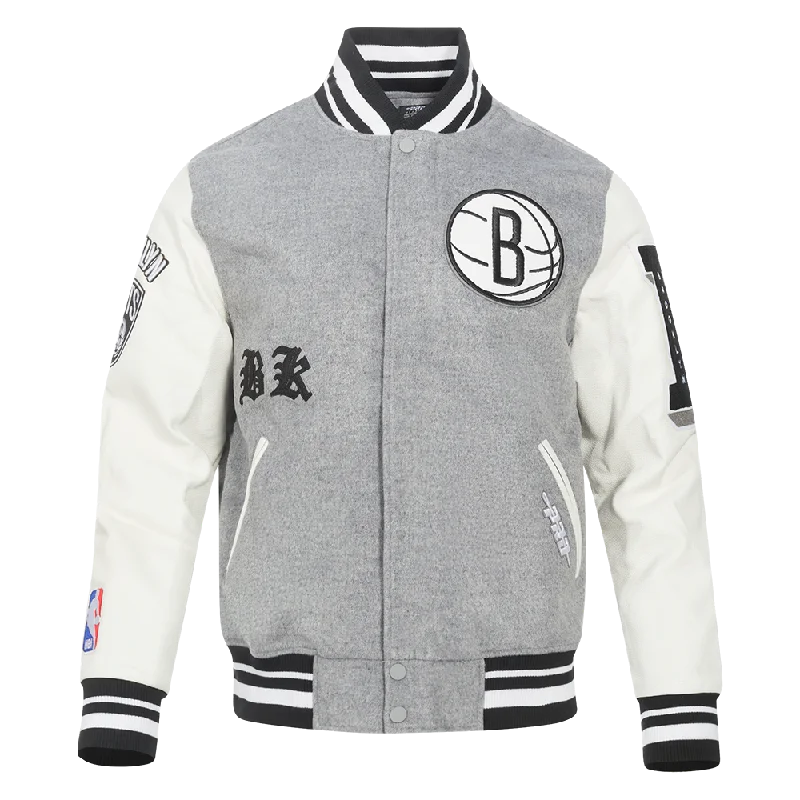 NBA BROOKLYN NETS OLD ENGLISH MEN'S RIB WOOL VARSITY JACKET (HEATHER GREY/WHITE/BLACK)