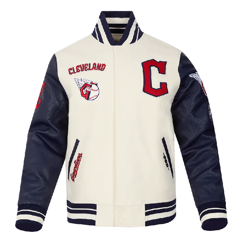 MLB CLEVELAND GUARDIANS RETRO CLASSIC MEN'S RIB WOOL VARSITY JACKET (EGGSHELL/ MIDNIGHT NAVY)