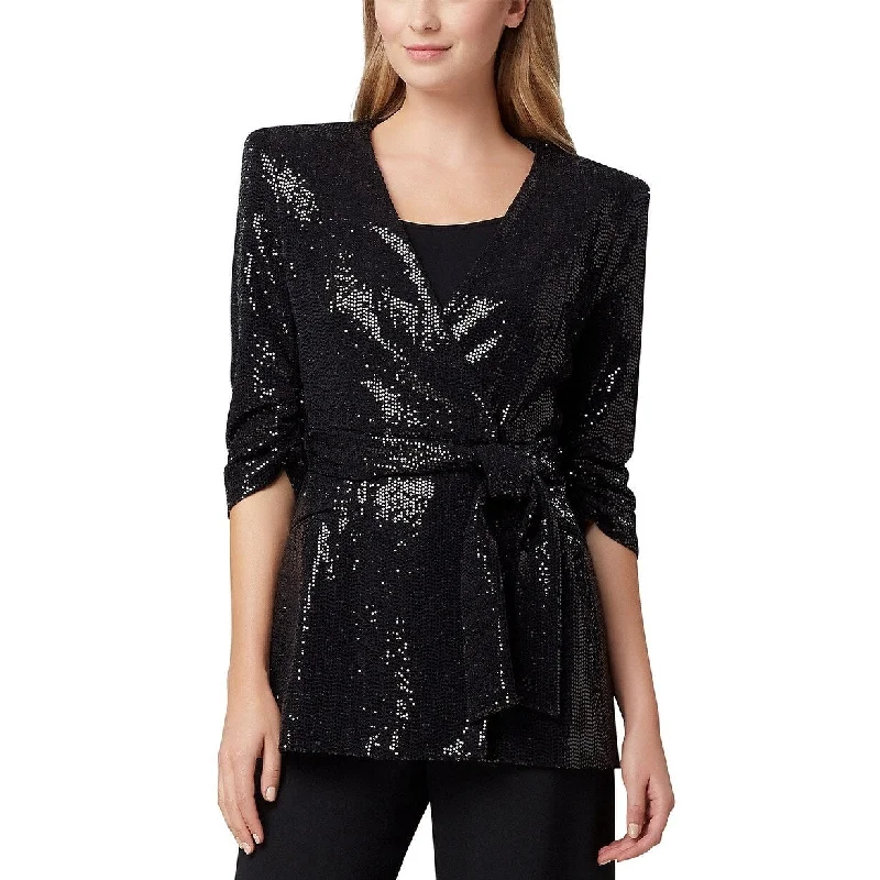 Tahari ASL Women's Sequin Tie Front Smoking Jacket Black Size Medium