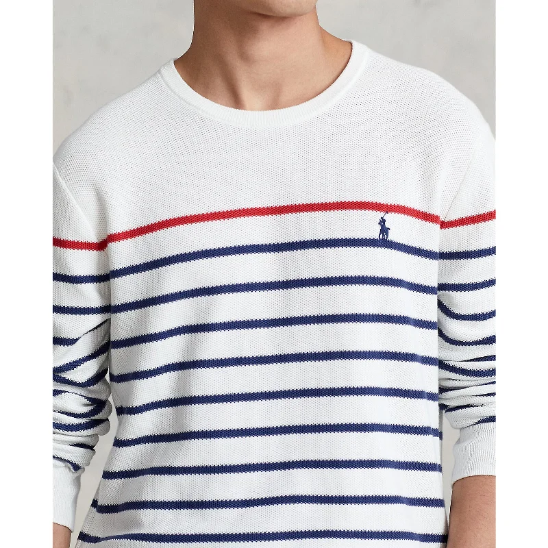 Striped Mesh Knit Cotton Sweater - Deckwash White