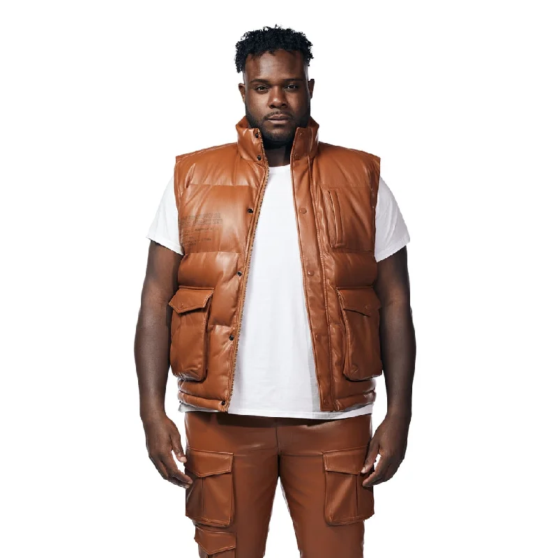 Big And Tall Utility Vegan Leather Vest - Cognac