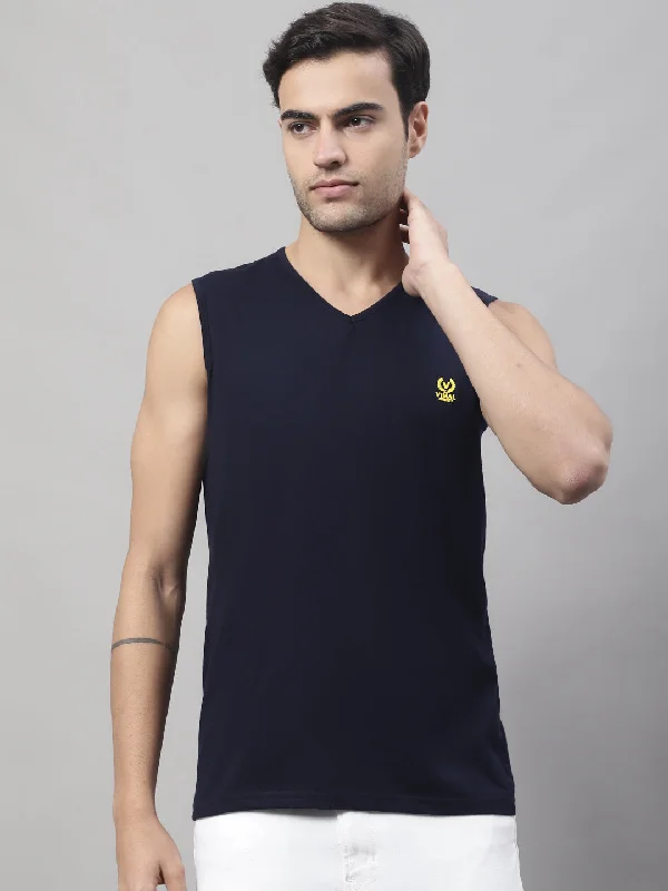 Vimal Jonney Regular Fit Cotton Solid Navy Blue Gym Vest for Men