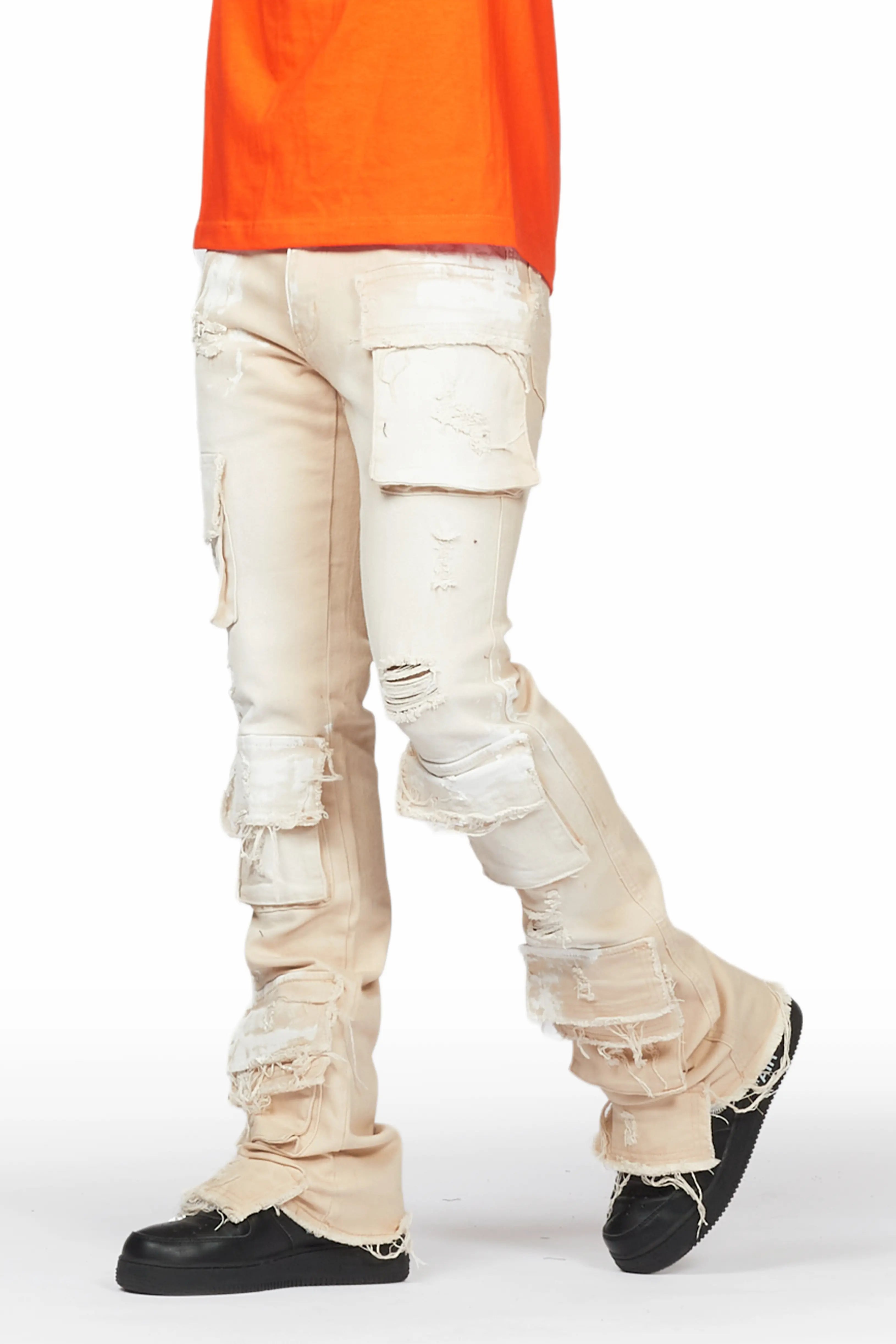 Faxon Beige Painter Stacked Flare Jean