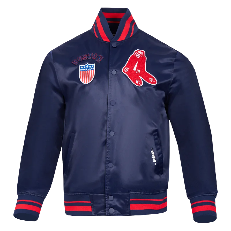 MLB BOSTON RED SOX RETRO CLASSIC MEN'S RIB SATIN JACKET (MIDNIGHT NAVY/RED/MIDNIGHT NAVY)