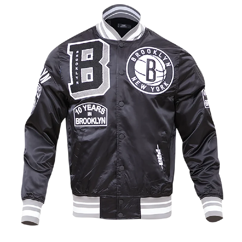 NBA BROOKLYN NETS MASHUP LOGO MEN'S SATIN JACKET (BLACK)