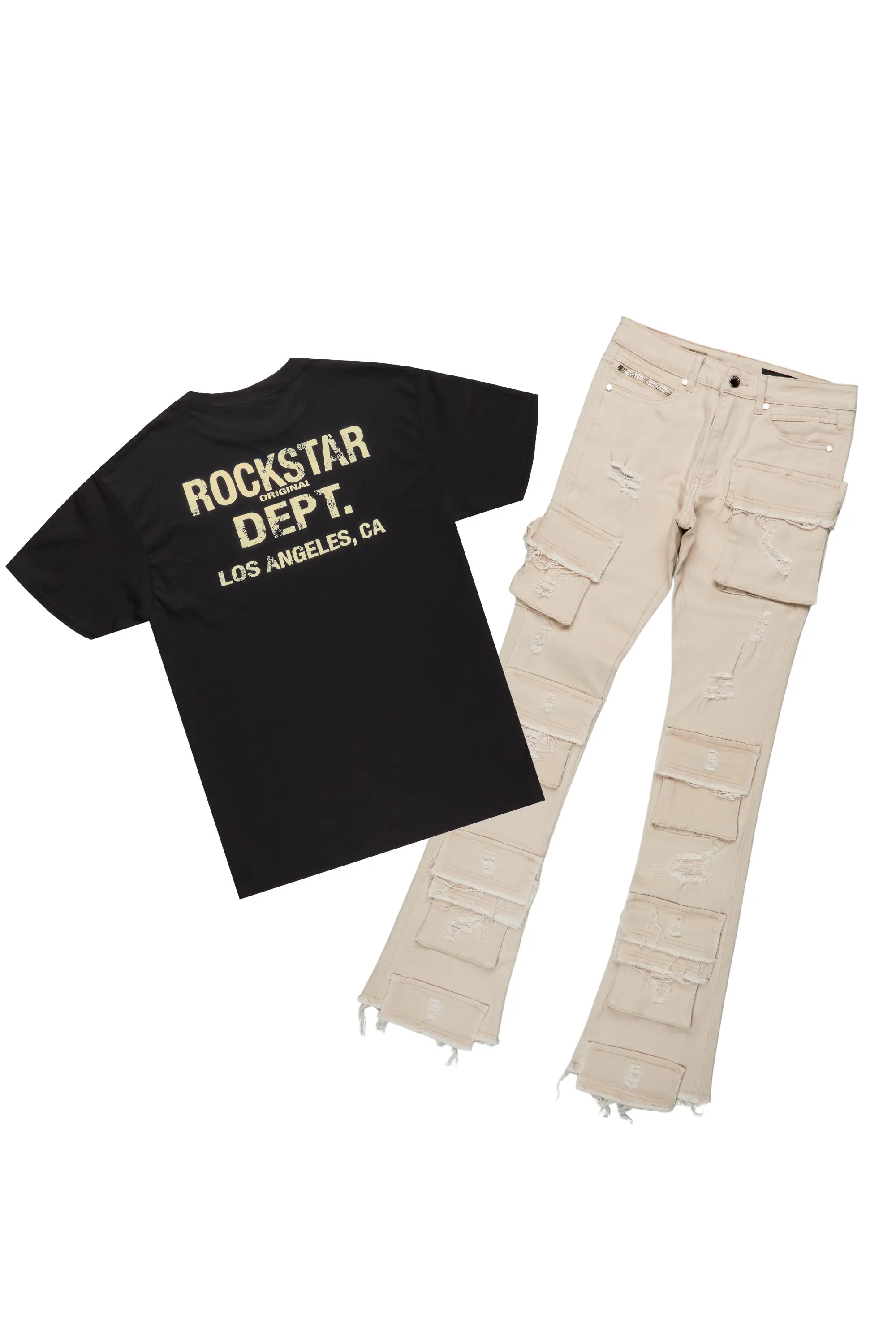 Lake Black T-Shirt & Zander Beige Stacked Flare Jean