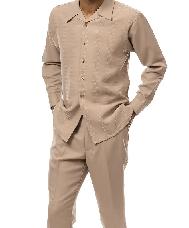 (L/38) Tan Tone-on-Tone 2 Piece Long Sleeve Walking Suit Set