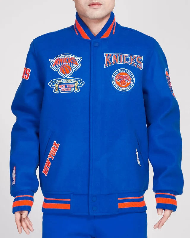 NBA NEW YORK KNICKS CREST EMBLEM MEN'S RIB WOOL VARSITY JACKET (ROYAL/ORANGE/ROYAL)