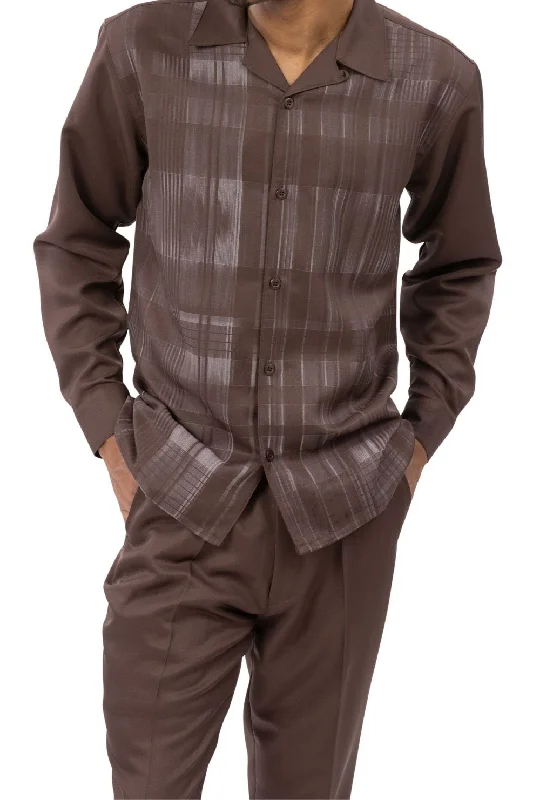 Brown Grid Pattern Long Sleeve Walking Suit