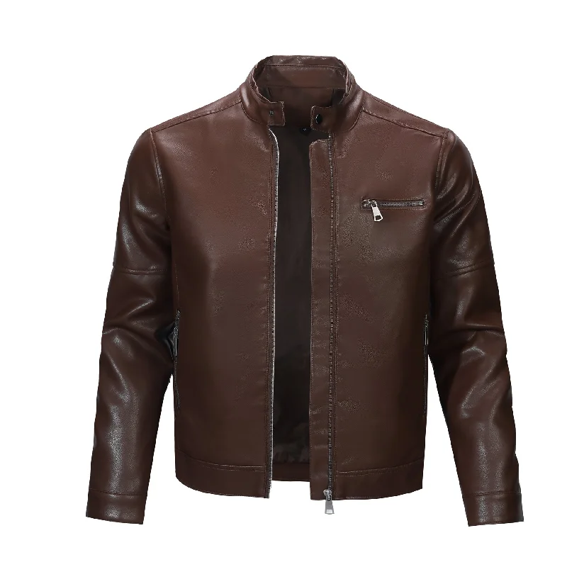 Men's Leather Jacket Casual Zip Up Motorcycle Outwear Brown