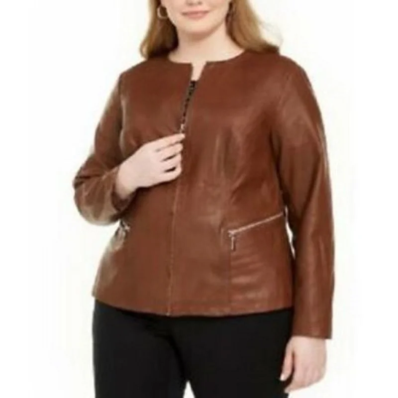 Alfani Women's Plus Size Faux Leather Zipper Jacket Med Brown Size 2X