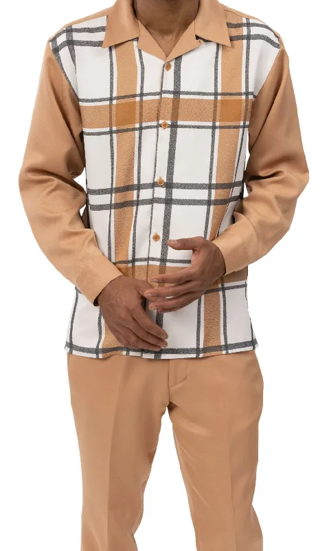 Men's Camel Plaid Pattern Long Sleeve Walking Suit