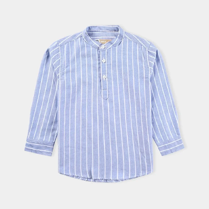 Boys Yarn Dyed Casual Shirt F/S (Wide Stripe)-Blue