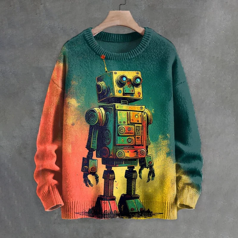 Men's Retro Future Robot Print Sweater