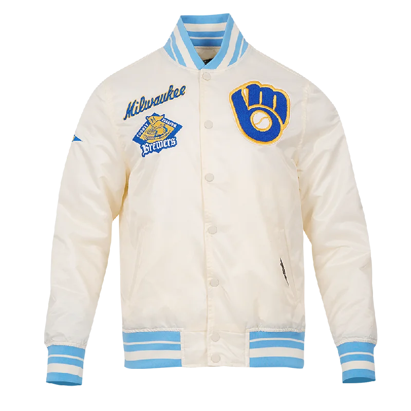 MLB MILWAUKEE BREWERS RETRO CLASSIC MEN'S RIB SATIN JACKET (EGGSHELL/ UNIVERSITY BLUE)