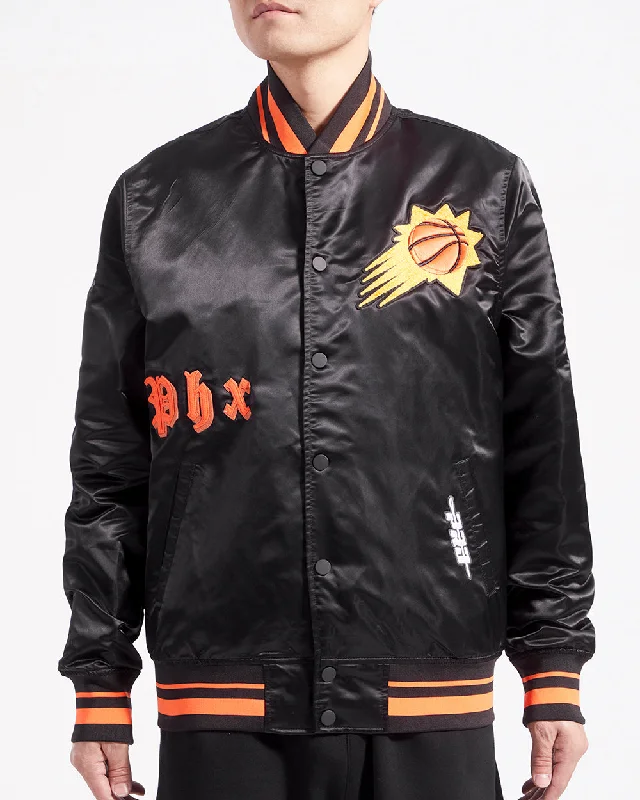 NBA PHOENIX SUNS OLD ENGLISH MEN'S LOGO SATIN JACKET (BLACK/ORANGE)