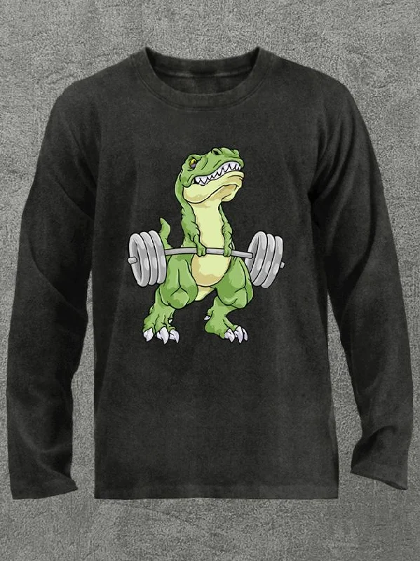 weightlifting dinosaur Washed Gym Long Sleeve Shirt