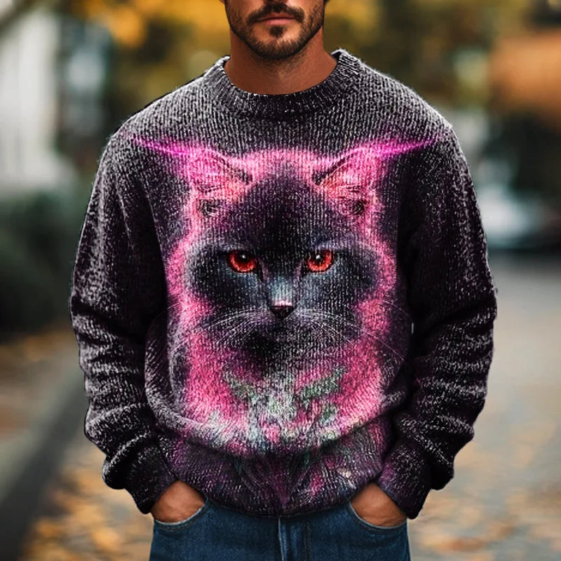 Men's Casual Pink Cat Art Print Crew Neck Sweater