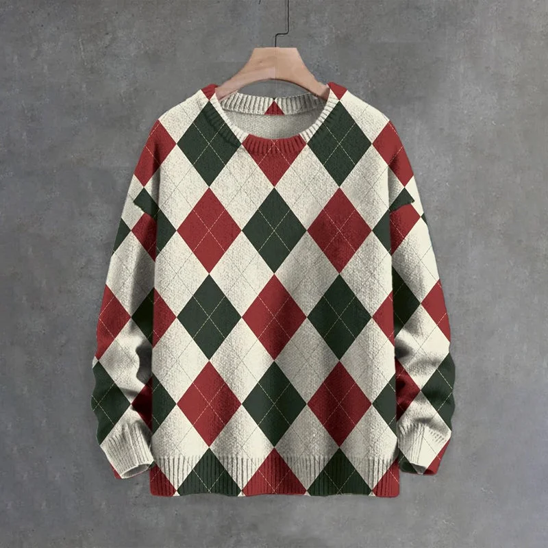 Men's Argyle Pattern Christmas Print Sweater