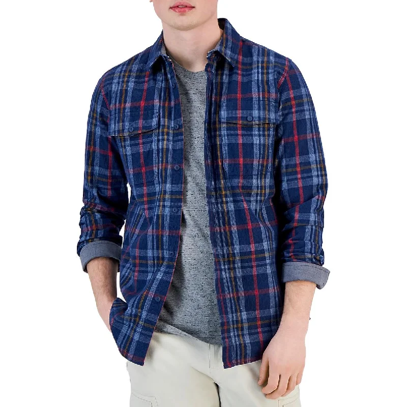 Sun + Stone Mens Mitchell Collared Plaid Button-Down Shirt