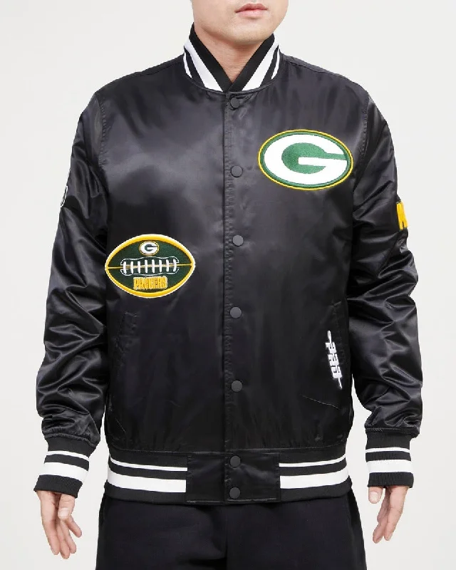 NFL GREEN BAY PACKERS OLD ENGLISH MEN'S SATIN JACKET (BLACK)