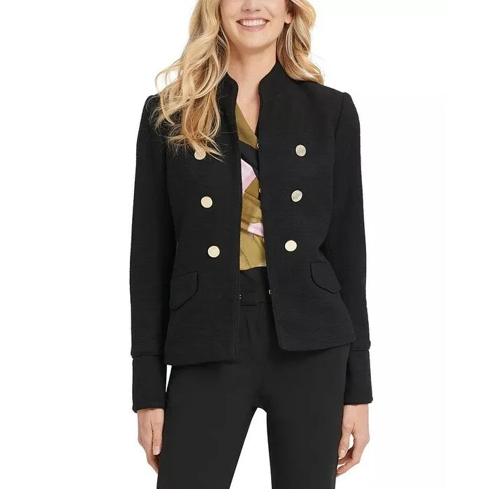 DKNY Women's Stand Collar Double Breasted Military Jacket Black Size 16