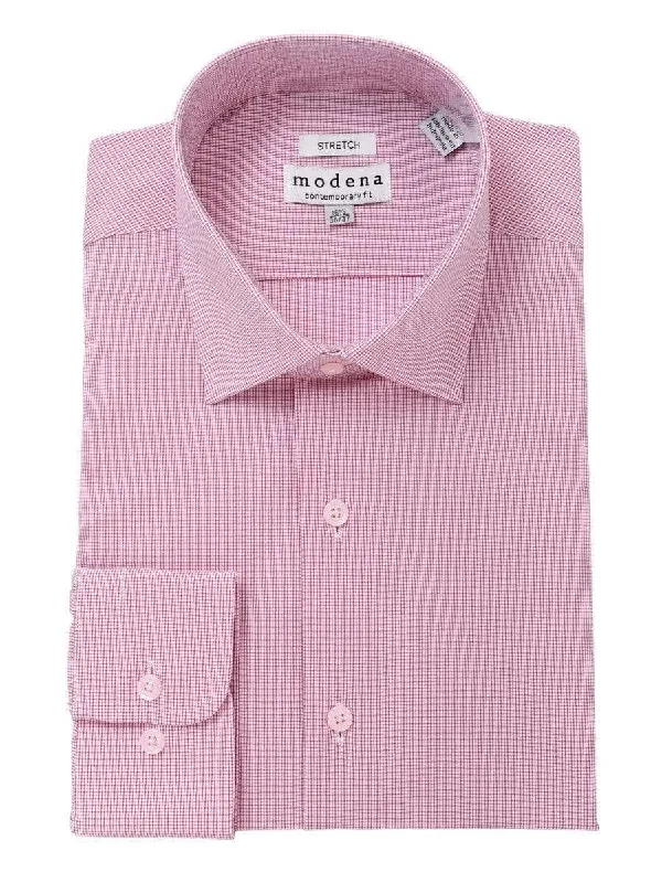 Mens Cotton Red Check Slim Fit Spread Collar Stretch Dress Shirt