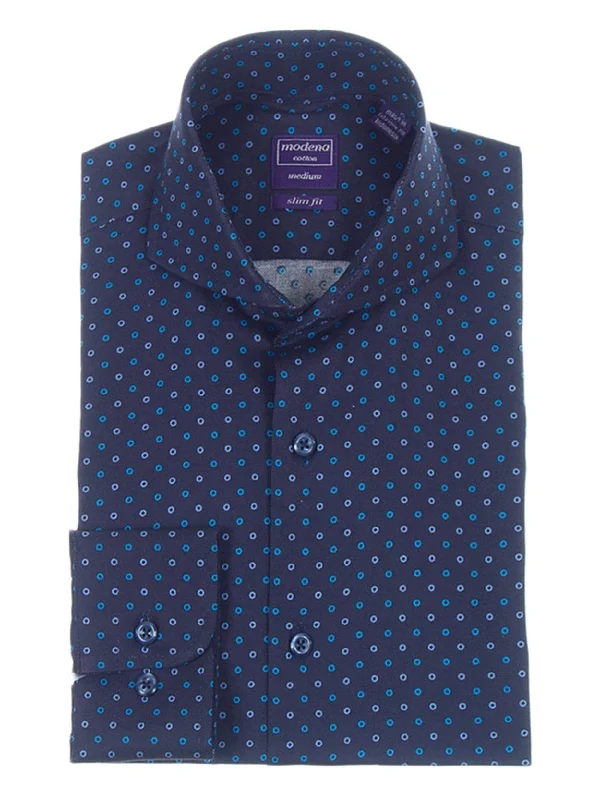 Regular Fit Navy With Blue Circle Pattern Cutaway Collar Cotton Dress Shirt