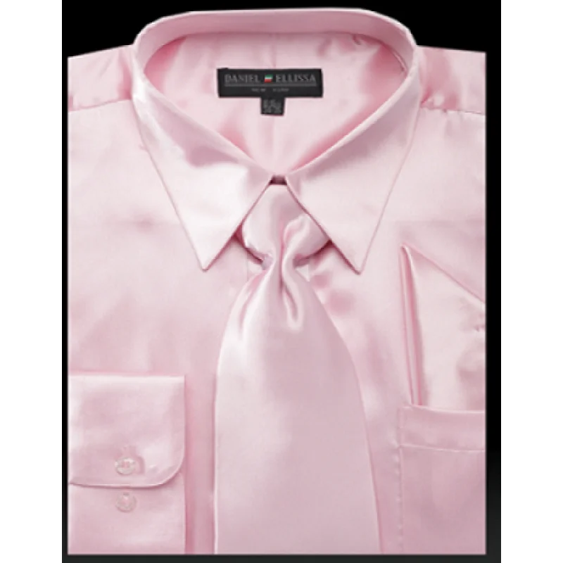 Satin Dress Shirt Convertible Cuff Regular Fit in Pink With Tie And Pocket Square