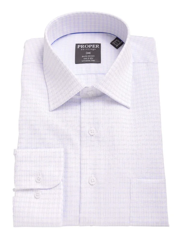 Mens Classic Fit White And Blue Plaid Spread Collar 100 2 Ply Cotton Dress Shirt