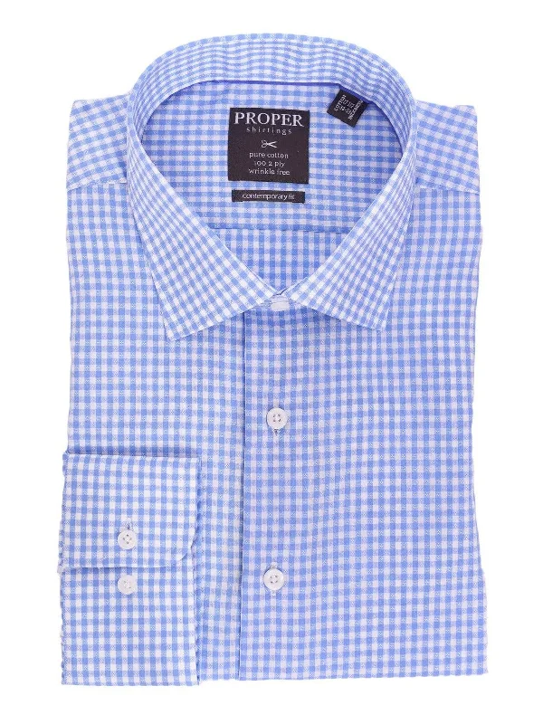 Blue & White Check Spread Collar Wrinkle Free 100 2 Ply Cotton Dress Shirt