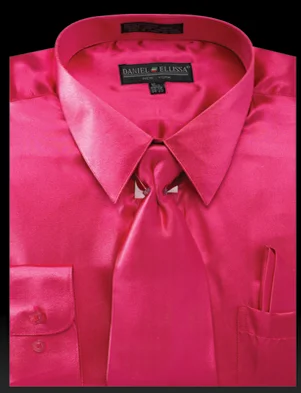 Satin Dress Shirt Convertible Cuff Regular Fit in Fuchsia With Tie And Pocket Square