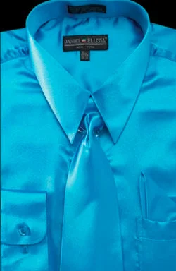 Satin Dress Shirt Convertible Cuff Regular Fit in Turquoise With Tie And Pocket Square