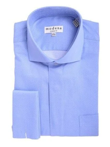 Mens Classic Fit Blue & White Dots Cutaway Collar French Cuff Cotton Dress Shirt