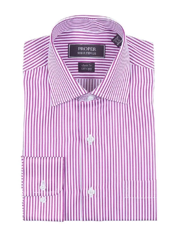 Mens Classic Fit White And Orchid Striped 120's 2PLY Cotton Dress Shirt