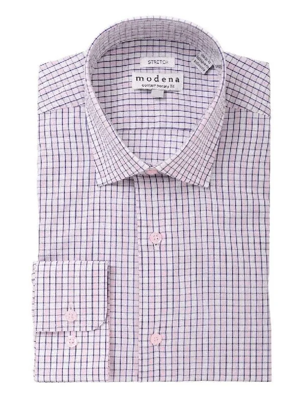 Mens Pink Check Cotton Blend Spread Collar Modern Fit Dress Shirt