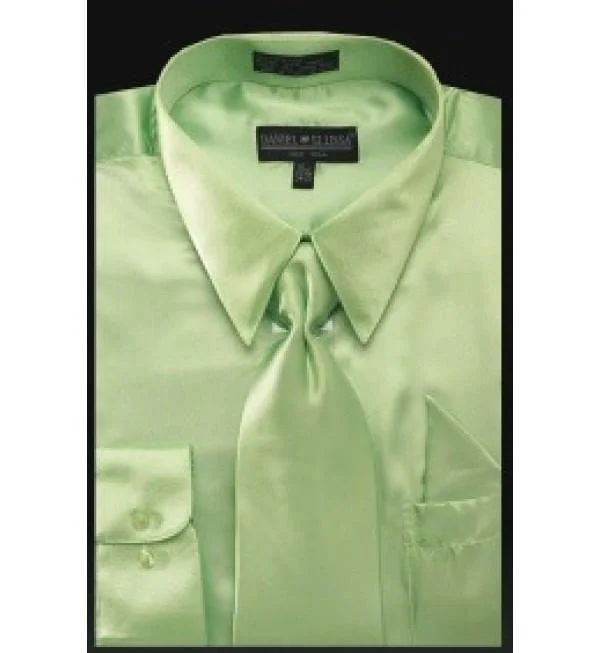 Satin Dress Shirt Convertible Cuff Regular Fit In Apple Green With Tie and Pocket Square